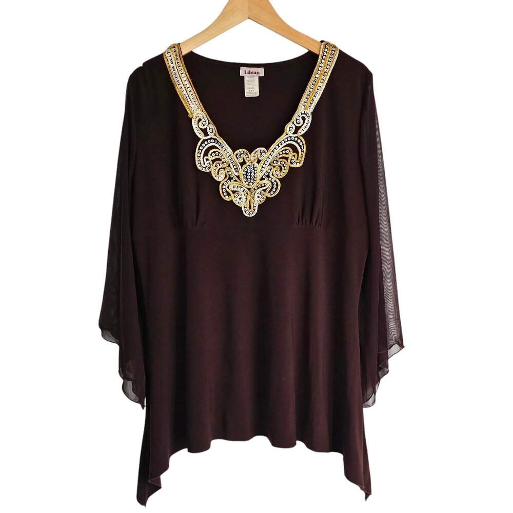 Libian Tunic Top Womens Size 3XL Embellished Brown V-Neck‎ Chiffon Sleeves